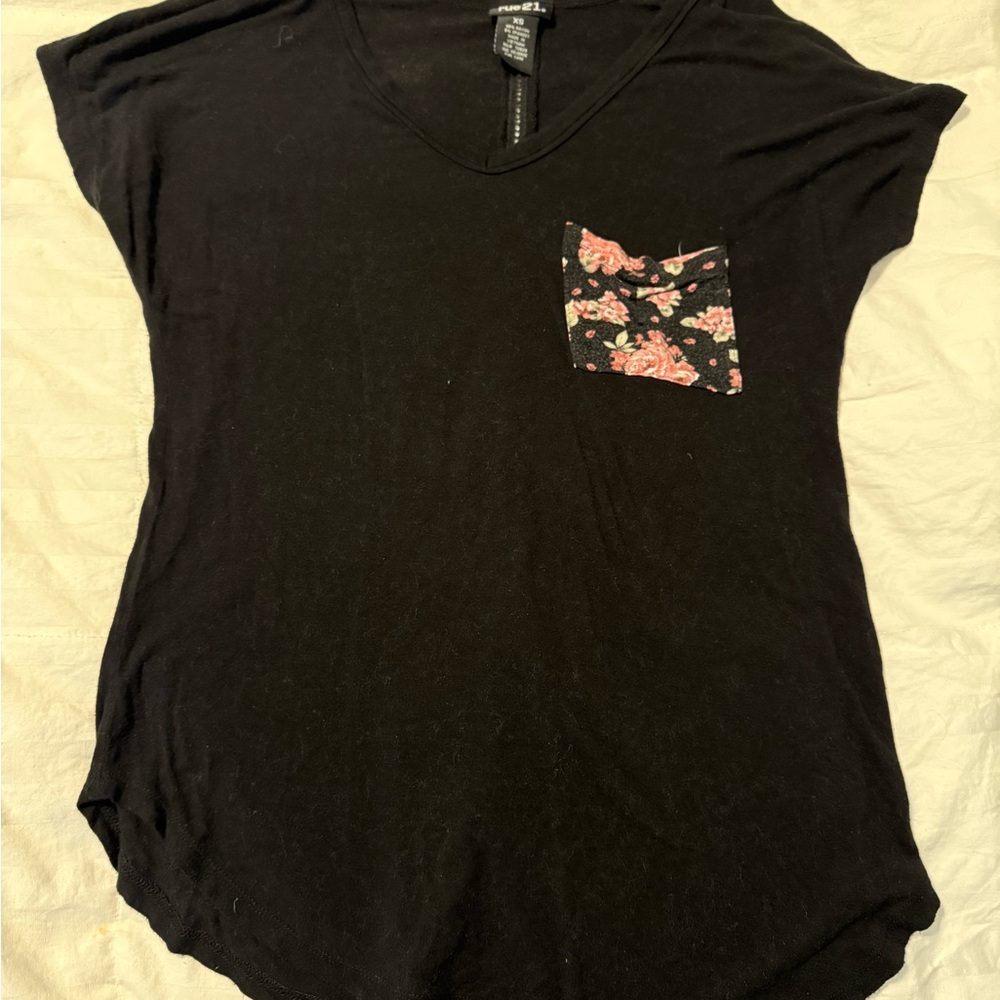 Rue21 Black Tee with Floral Pocket